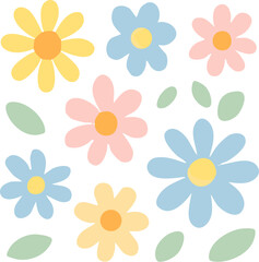 Playful pastel daisy-like flowers and green leaves in a cheerful simple flat design.