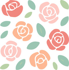 Pastel Rose Blossom Pattern: Delicate Peach Pink and Coral Roses with Soft Green Leaves.