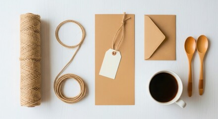Rustic coffee break with craft supplies and natural elements on a white surface