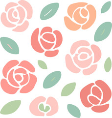 Charming pattern of stylized pink and coral roses with soft green leaves in a simple flat graphic style.