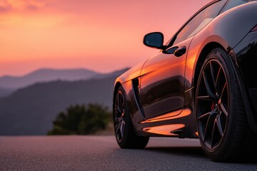 Obraz premium Dark sports car at sunset mountain road