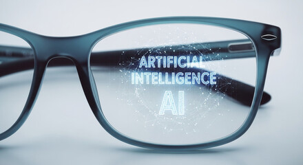 Close-up of eyeglasses showcasing "Artificial Intelligence" and "AI" digitally overlaid, symbolizing technological advancement and future innovation in data processing