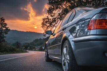 Fototapeta premium Gray sedan on a road at sunset