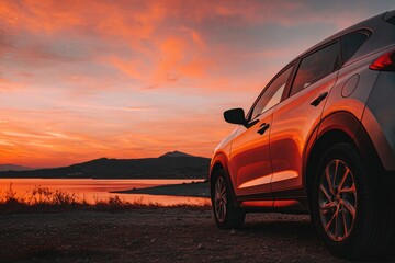 Obraz premium SUV at sunset over lake
