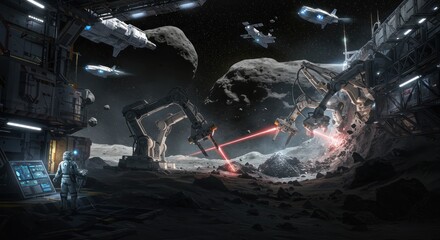 Futuristic Space Mining Operation with Robots and Spaceships in Outer Space
