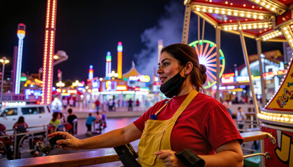 Obraz premium Carnival worker enjoying vibrant ride operations at nighttime, festive spirit
