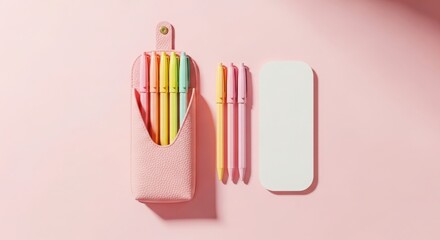 Pastel pens arranged neatly in a pink leather pouch beside a white notepad