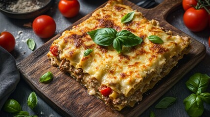 Rustic lasagna with golden-brown cheese crust, layered with rich meat sauce and fresh basil leaves, served on a wooden board surrounded by ripe tomatoes and aromatic herbs