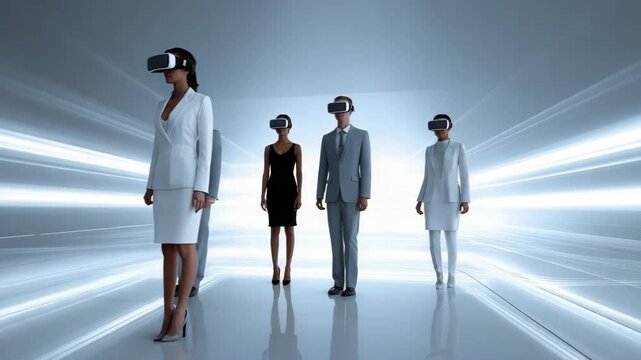 A group of people wearing suits and ties are walking down a hallway with a woman in the middle wearing a white dress. Concept of professionalism and formality