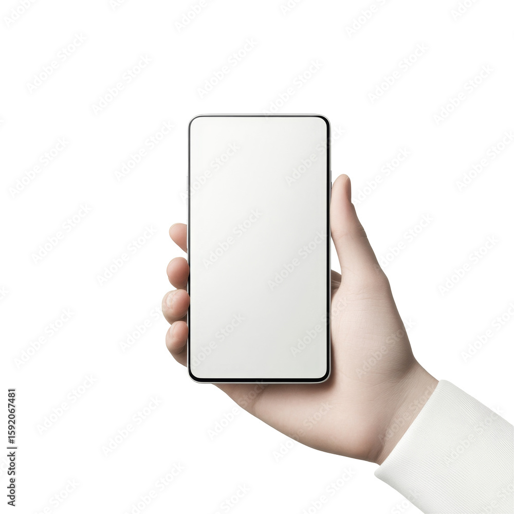 Poster hand holding modern smartphone with blank screen for digital app display or website preview