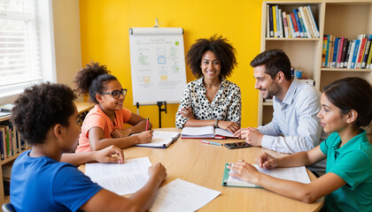 Engaged parents discussing education at school meeting table, collaboration