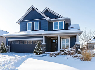 Glowing warm lights illuminating snow-covered family home during twilight, radiating winter comfort in serene residential setting