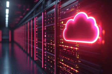 Neon-lit cloud icon in a futuristic data center symbolizing cloud computing
