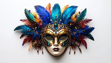 Ornate Venetian carnival mask adorned with colorful feathers and jewels. Notting Hill Carnival