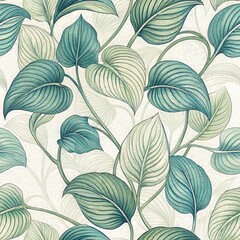 Elegant Seamless Botanical Pattern with Teal and Green Leaves.