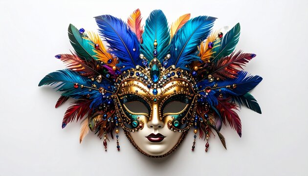 Ornate Venetian carnival mask adorned with colorful feathers and jewels. Notting Hill Carnival