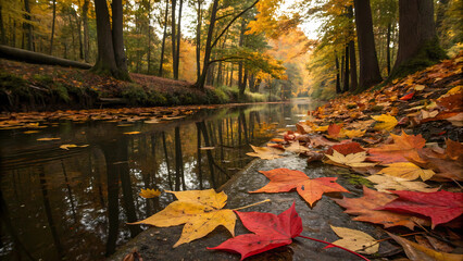 Autumn foliage and river reflections in a scenic forest landscape photography scene view image