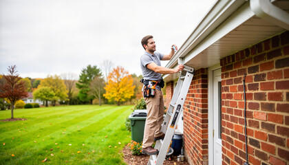 Man cleaning gutters in early fall, home maintenance concept