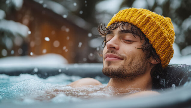 Serene young man enjoying a hot tub in a snowy winter landscape, embracing the warmth and tranquility