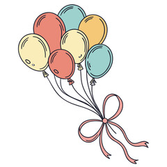 Illustration of a bunch of colorful balloons tied together with a pink ribbon bow on a white background