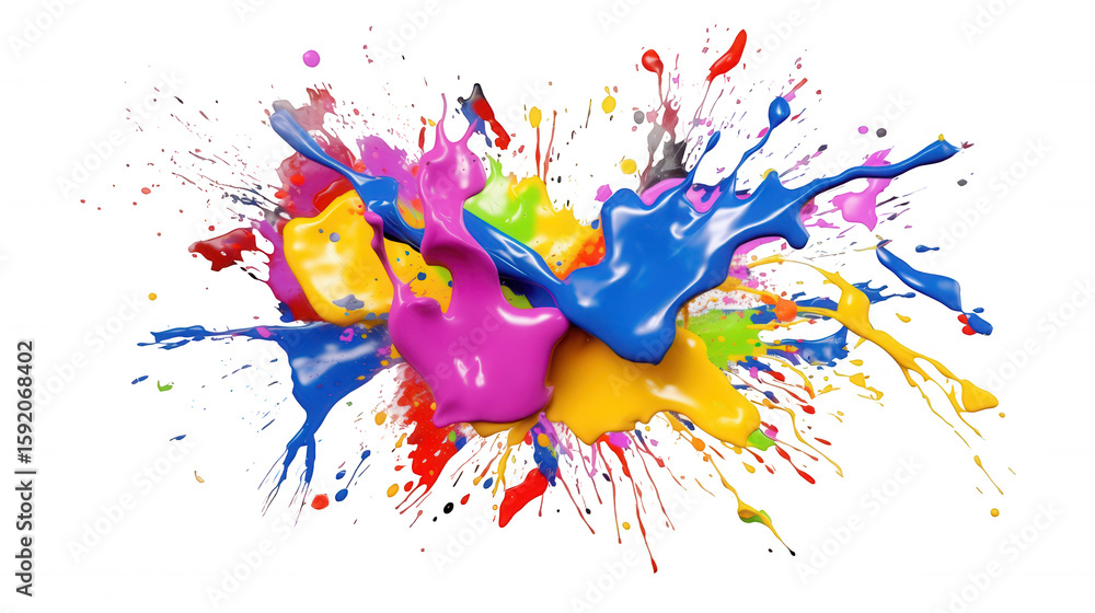 Poster multicolored paint explosion with drops and background creating an energetic burst of color on trans