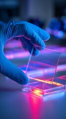 Scientific research explores cutting-edge microscopy techniques with precision glass slides illuminated by vibrant neon lighting in a high-tech laboratory setting