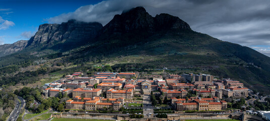 Panoramic aerial view of the University of Cape Town campus, with the Sarah Baartman Hall in...