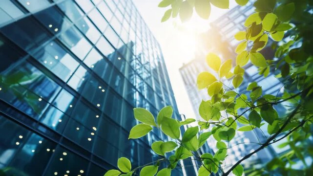 Building and nature coexist in urban landscape with sunlight filtering through leaves in a city setting