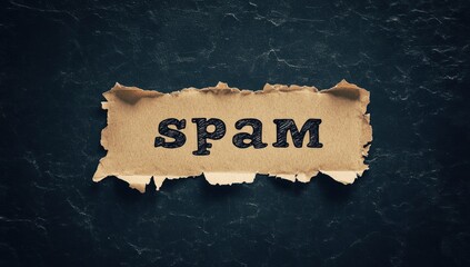 Torn paper, spam word, dark background, internet junk mail