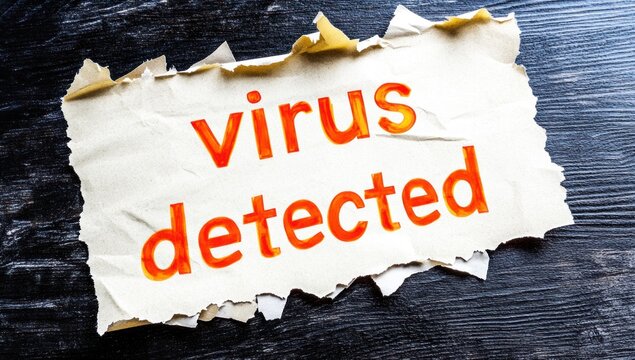 Torn paper, virus detected warning, dark wood background, cybersecurity alert