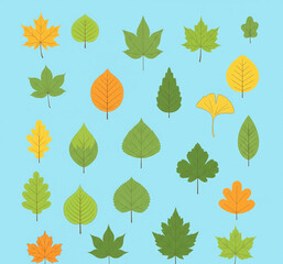Assortment of colorful autumn and green leaves on blue. Perfect for nature, season, fall, or environmental designs. Flat lay, botanical pattern