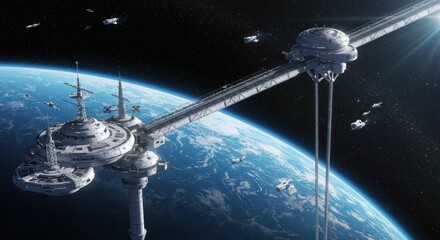 Futuristic Space Station Orbiting Earth with Satellites and Spacecraft in Deep Space