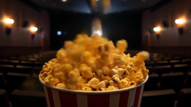 A bucket of popcorn overflowing in a movie theater, ready for viewing.