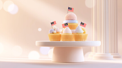Festive confection arrangement featuring traditional Raya sweets adorned with flag picks, photographed on a minimalist pedestal with soft highlight blooms