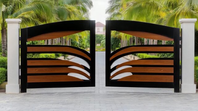 Modern decorative gate design welcoming visitors to a lush garden pathway