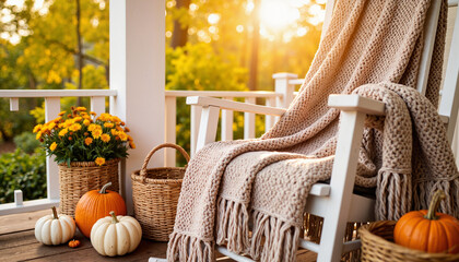 Cozy autumn porch with knitted blankets and cider, warmth of harvest