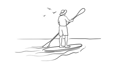 Sup riding with a paddle, continious line drawing. Recreation on the water. Summer vacation. Vector illustration