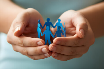 Cupped hands tenderly hold a circle of interconnected blue paper people, symbolizing community, teamwork, and support.