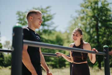 Two active people enjoy a workout on fitness bars in a scenic outdoor setting. The scene captures...