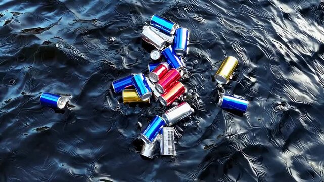 Colorful aluminum cans floating on polluted water surface, environmental pollution and ocean waste concept in dramatic daylight scene