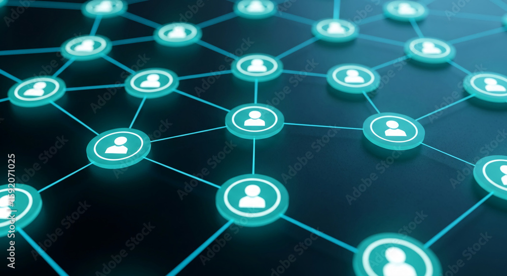 Poster abstract network graphic, teal circles with person icons interconnected by lines, symbolizing connec