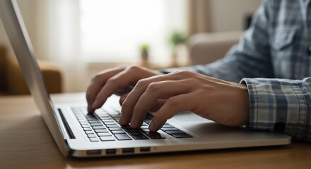 Fototapeta premium Close-up of Male Hands Typing on Laptop Keyboard, Working from Home, Casual Office, Remote Work, Productivity