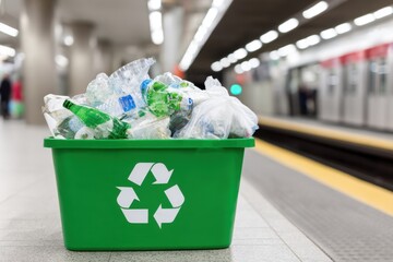 A green recycling bin overflowing with plastic bottles and bags, located on a subway platform, with train and commuters in the background.