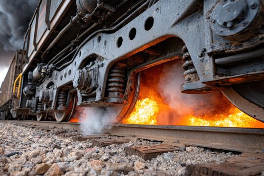 Close-up of train wheels rolling over burning tracks, creating smoke and flames, low angle view of dramatic scene.