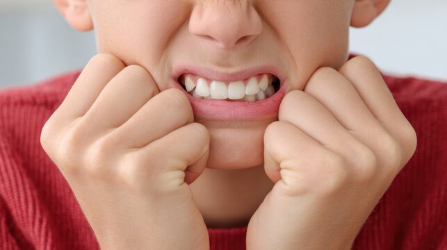 Close-up, child clenching teeth, hands covering lower face, displaying signs of anxiety.