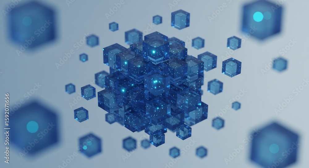 Poster abstract 3d rendering of a network of interconnected blue cubes, representing data, technology, and 