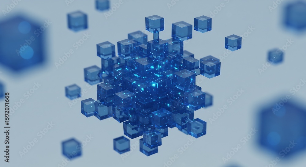 Poster abstract 3d rendering of a cluster of glowing blue cubes, representing data, technology, and network