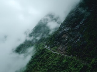 Misty mountain road winding through lush greenery