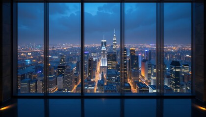 A stunning nighttime view of a cityscape seen from the window of a modern office building.