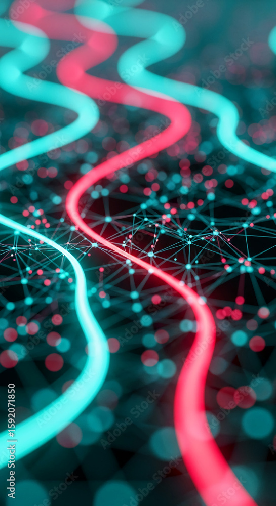 Poster abstract image of glowing red and cyan lines weaving through a network of points, creating a dynamic